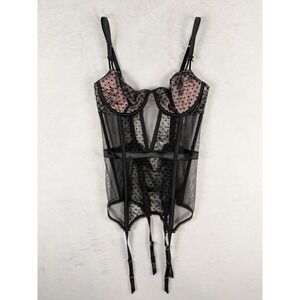 NWT $90 Victoria's Secret Black Mesh Polka Dot Corset Bustier Garter‎ Straps S/P